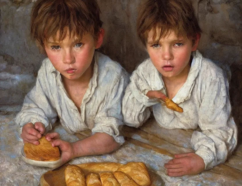 Image similar to portrait of little peasant boy eating a bread, cottage core, cinematic focus, polaroid photo bleached vintage pastel colors high - key lighting, soft lights, foggy, by steve hanks, by lisa yuskavage, by serov valentin, by tarkovsky, 8 k render, detailed, oil on canvas