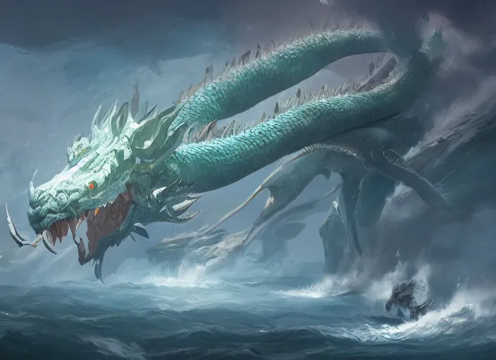 Image similar to detailed concept art of a huge sea dragon by cheng yi and luolin, artstation, artstationhd