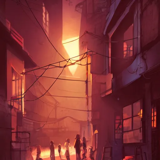 Prompt: A dirty alleyway at sunset, dramatic lighting, illustration by Rossdraws, professional portfolio, 4k, digital art, concept art, golden hour, trending on artstation