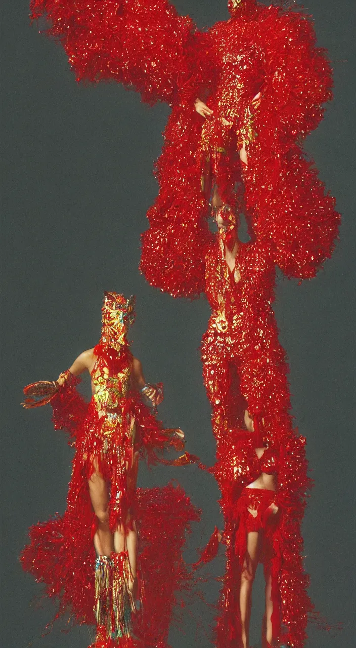 Image similar to a full - body female character design wearing a red sequined bodysuit, beads hanging over her face like an alexander mcqueen headdress, costume by eiko ishioka, haute couture by moebius, steven outram, colorful and psychedelic