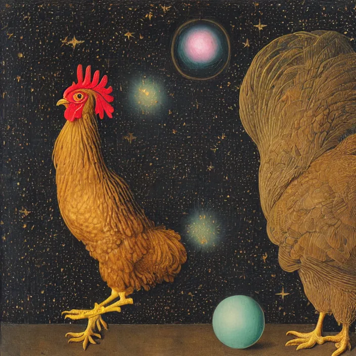 Prompt: a chicken next to a levitating iridescent luminescent orb, nebula, by jan van eyck