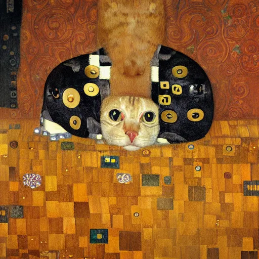 Prompt: cat sitting, Gustav Klimt, concept art, sharp, octane render, oil painting