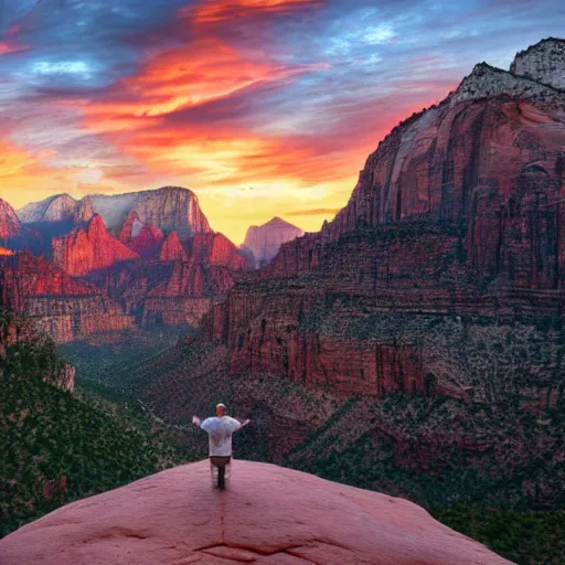 Image similar to highly detailed concept art of award winning cinematic still of man praying with hands up in zion national park, rock formations, colorful sunset, epic, cinematic lighting, dramatic angle, heartwarming drama directed by Steven Spielberg, t, wallpaper