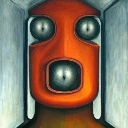 Image similar to brutalist giant unfeeling robot visage, portrait, atrium, rotunda, dystopian, pj crook, edward hopper, oil on canvas