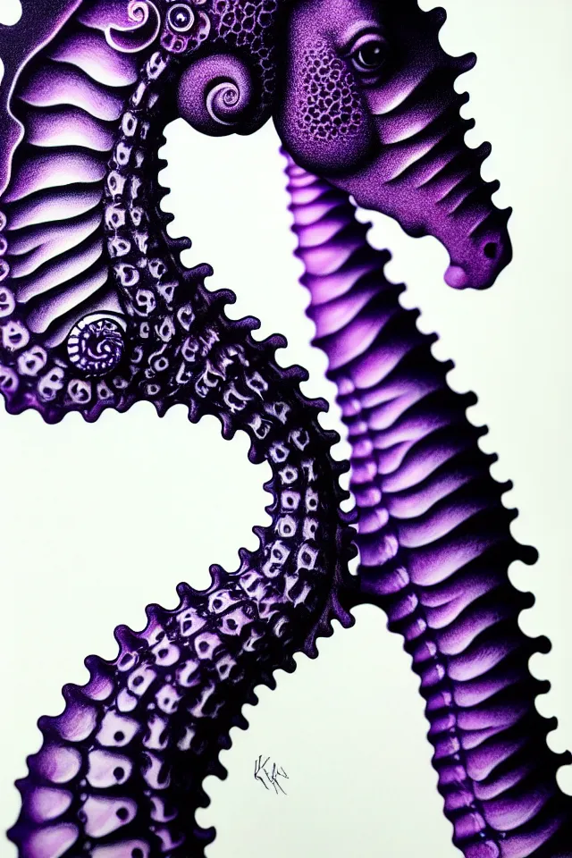 Image similar to a close - up portrait of a purple ornate seahorse statue, black paper, billions of details, beautiful intricate painting by kokaris