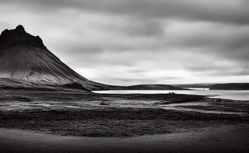 Image similar to icelandic landscape, moody, cinematic, muted colors,