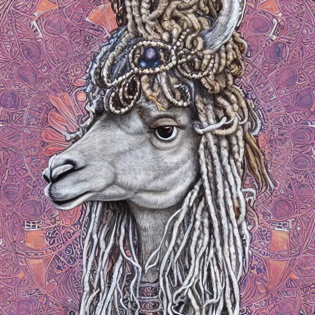 Prompt: llama with dreadlocks, detailed, by ernst haeckel, james jean, mandy jurgens, alphonse mucha