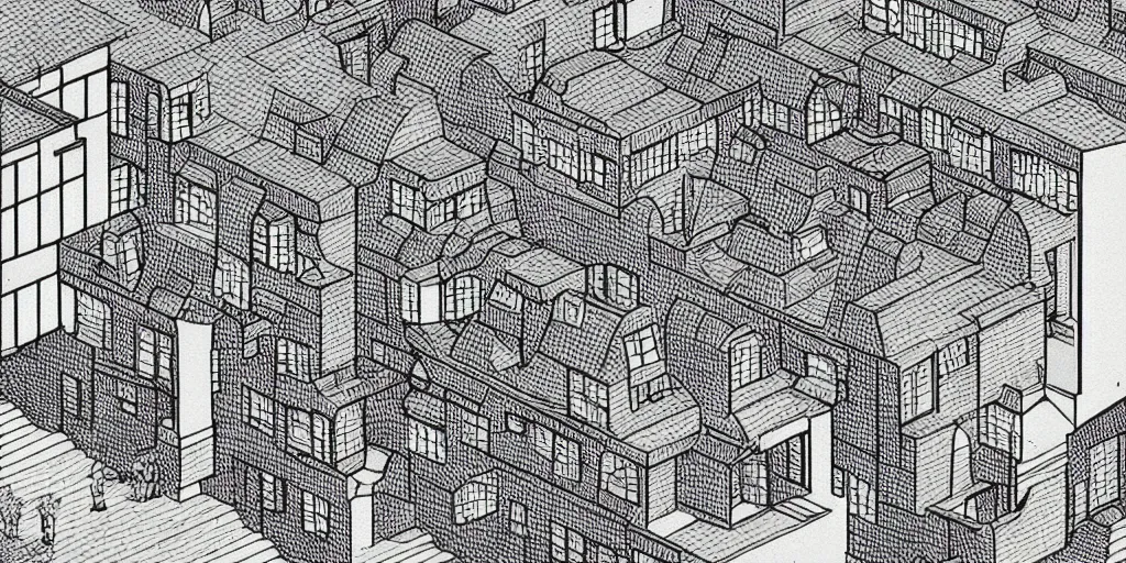 Image similar to the simpsons drawn in the style of M C escher, stairs, Tessellating shapes