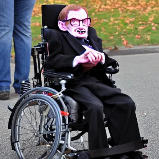 Image similar to a kid dressed up as Stephen Hawking for Halloween, trick or treating, photography,