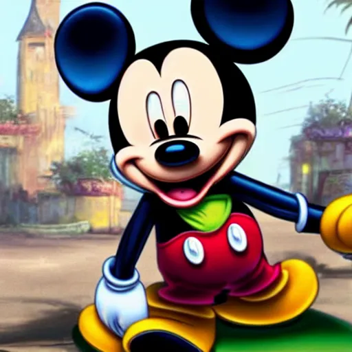 Prompt: Mickey Mouse as a character in the game GTA VI, with a background based on the game League of Legends, detailed face, PAINTING BY android jones