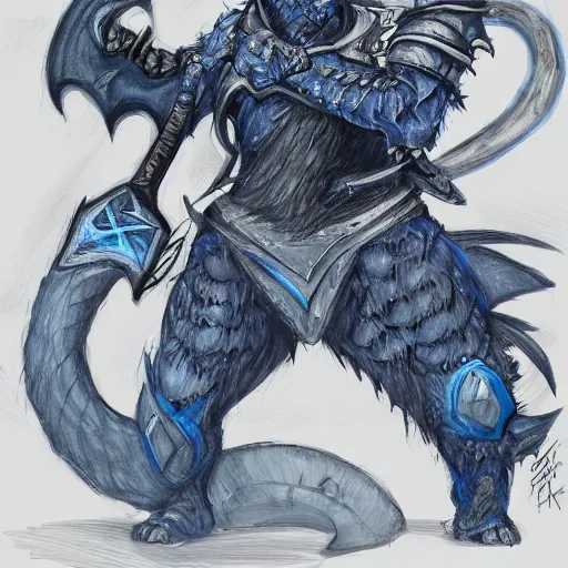 Image similar to fantasy concept art; portrait of a blue dragonborn wielding an axe; barbarian clothing; detailed sketch