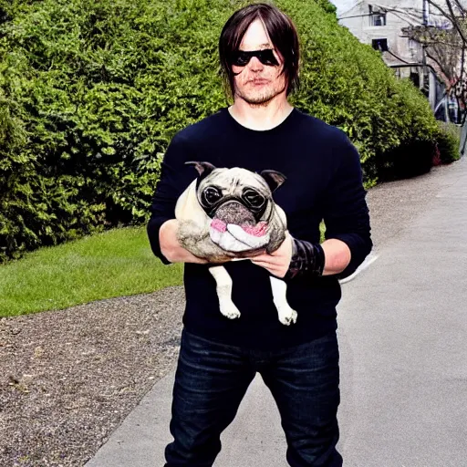 Prompt: Norman Reedus holding an obese pug, photo