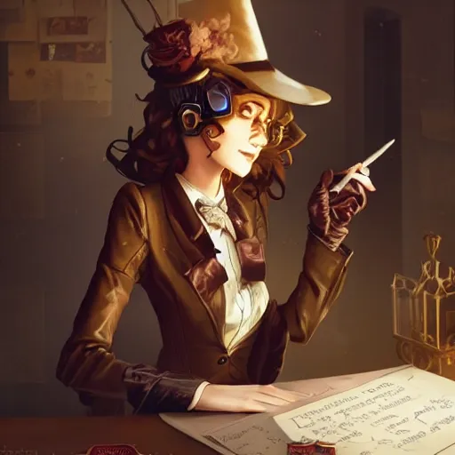 Image similar to a steampunk detective woman sitting in her office writing on a piece of paper | | cute - fine - face, pretty face, fine details by stanley artgerm lau, wlop, rossdraws, james jean, andrei riabovitchev, marc simonetti, and sakimichan, trending on artstation