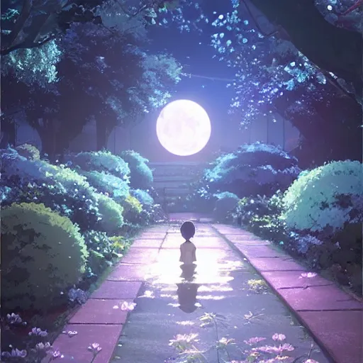 Image similar to a secret garden at night, moon, by makoto shinkai