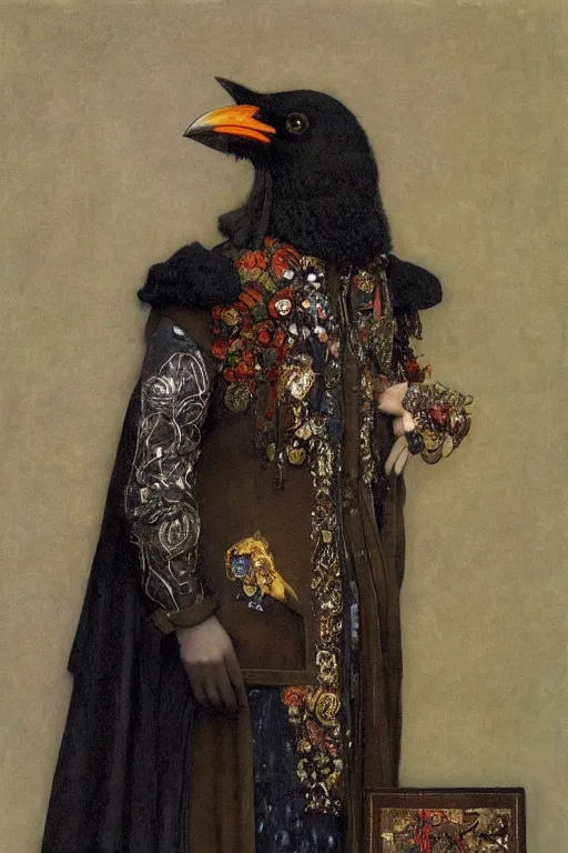 Image similar to portrait of an anthropomorphic black crow wearing clothes, by Donato Giancola and John Bauer and Vermeer, embroidered velvet waistcoat, iridescent beetles, rich color, featured on Artstation, cgisociety, unreal engine, extremely detailed