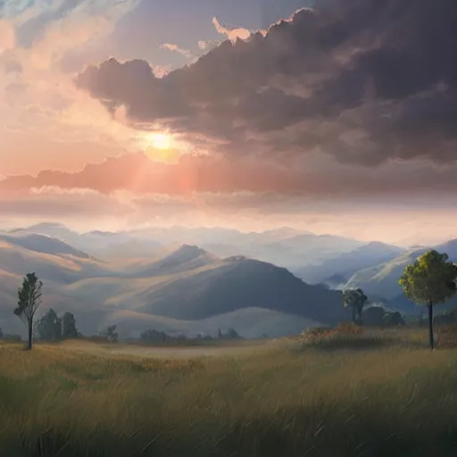 Image similar to a cinematic landscape view looking at an open field, mountains in the distance, the sun shines through the parted clouds, digital painting, fantasy, art by alexandre mahboubi and christophe oliver