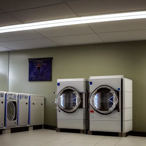 Image similar to a beautiful photo of an astronaut waiting in a laundromat, soft light, morning light, photorealistic, realistic, octane, 8k, cinematic shot