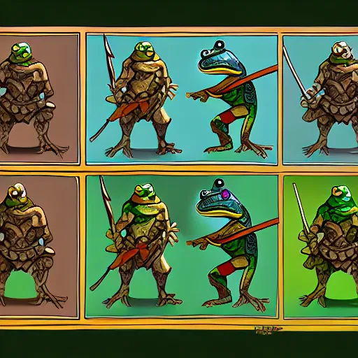 Prompt: digital illustration of a frog warrior, in the style of nintendo and d & d character art, highly detailed, sharp focus, 4 k