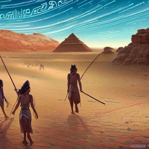 Image similar to highly detailed illustration of people in ancient canaanite clothing walking in the deserts of ancient egypt by makoto shinkai, by oliver vernon, by joseph moncada, by damon soule, by manabu ikeda, by kyle hotz, by dan mumford, by otomo, 4 k resolution