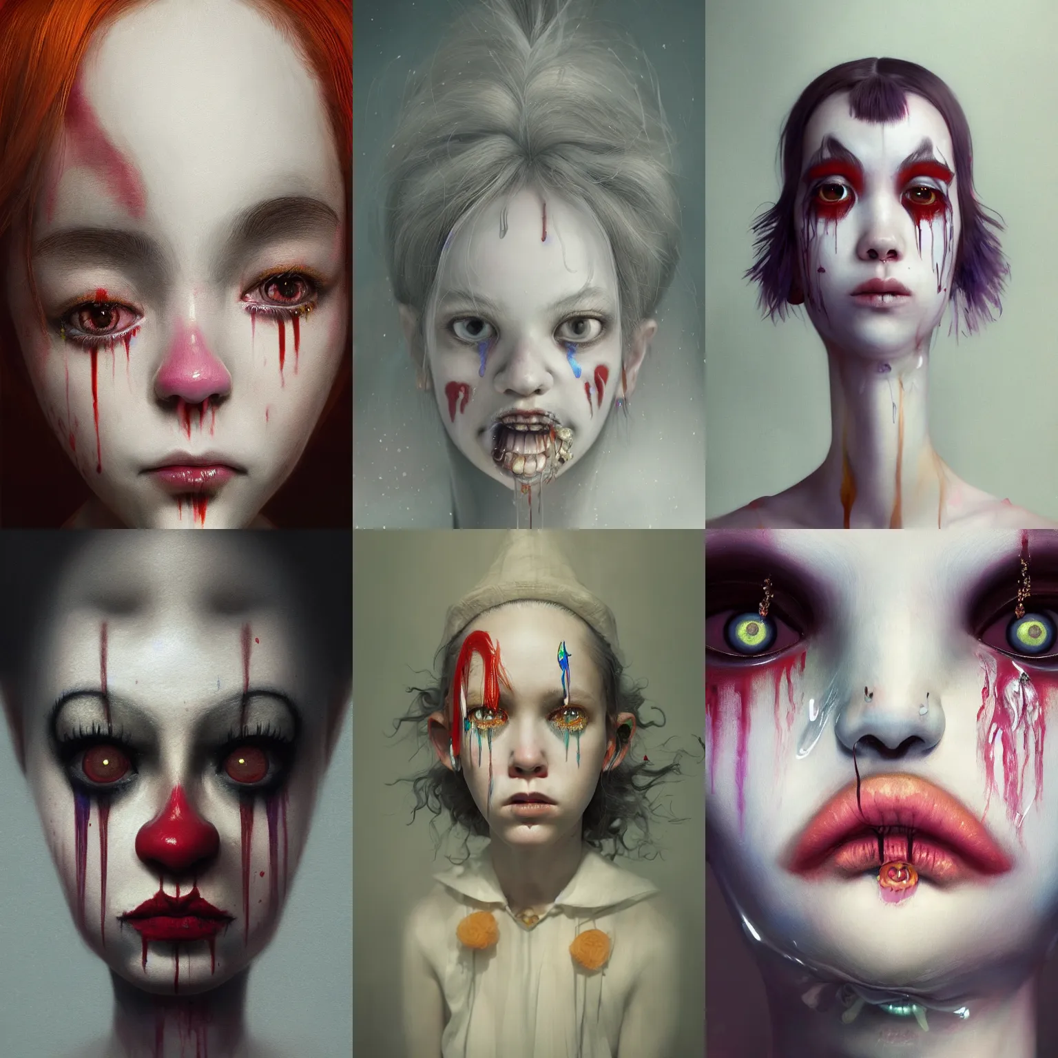 Image similar to breathtaking detailed painting of clown girl tears, with anxious, piercing eyes, art by Hsiao-Ron Cheng, Ja Miyazaki, extremely moody lighting, hyperrealistic, octane render, ambient light, dynamic lighting