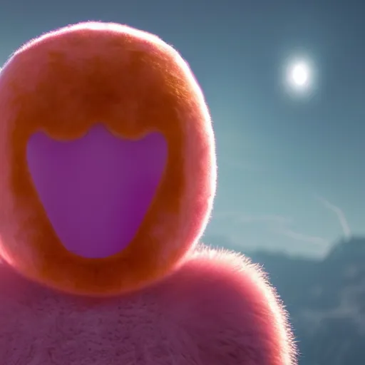 Image similar to an alien with a face that looks like a fuzzy peach the peach is fuzzy pink warm and ripe the alien has horns and a mean smile, 4k, highly detailed, high quality, amazing, high particle effects, glowing, majestic, soft lighting