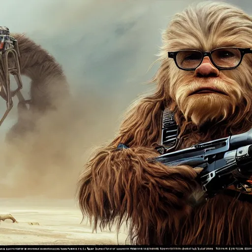 Image similar to warren buffet as a wookie from star wars riding a camel with han solo, ultra realistic, concept art, intricate details, eerie, haunting, highly detailed, photorealistic, octane render, 8 k, unreal engine. art by artgerm and greg rutkowski and charlie bowater and magali villeneuve and alphonse mucha