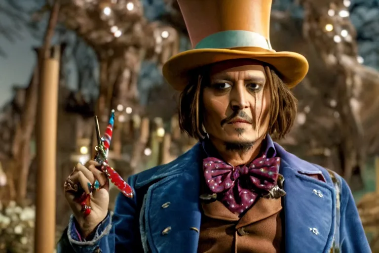 Image similar to cinematic still of johnny depp playing a whimsical character holding a large knife covered in dripping fudge in willy wonka & the chocolate factory film directed by tim burton, movie still, long lens, shallow depth of field, bokeh, anamorphic lens flare