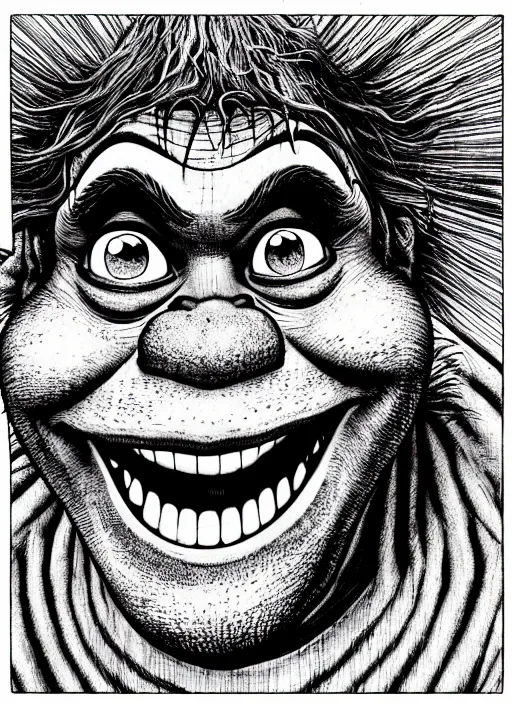 Prompt: portrait of shrek laughing, intricate, highly detailed, illustration, art by junji ito, junji ito