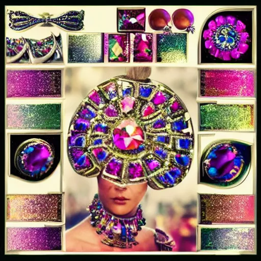 Prompt: !dream A Jewelpunk society would be one of gleaming perfection, where every surface is adorned with sparkling gems and jewelry. The skies would be a rainbow of colors, as light reflecting off of the endless gems creates a spectrum of hues. The people would be impeccably dressed, with each outfit adorned with jewels that match their personality and status. Even the weapons and other tools would be made out of precious metals and gems, adding to the overall air of opulence.