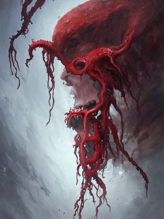 Image similar to painting by greg rutkowski of a flying sorrowful looking human head with tears running down it's eyes, face that is chalk white in color, with long sprawling white tentacles stemming down it's neck, fiery scorching red eyes, flying in a terrying hellish dark cavernous place