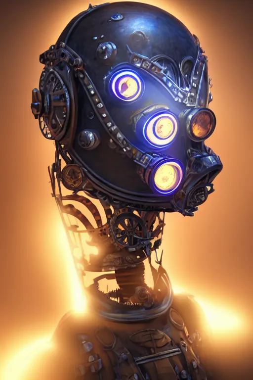 Image similar to steampunk mask minimalist fantasy art robot ninja helmet, global illumination ray tracing hdr fanart arstation by sung choi and eric pfeiffer and gabriel garza and casper konefal radiating a glowing aura