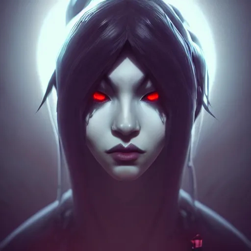 Image similar to Portrait of Kai'sa from league of legends, anger, mystery, fear, highly detailed, ominous vibe, smoke, octane render, cgsociety, artstation, trending on ArtStation, by Marie Magny