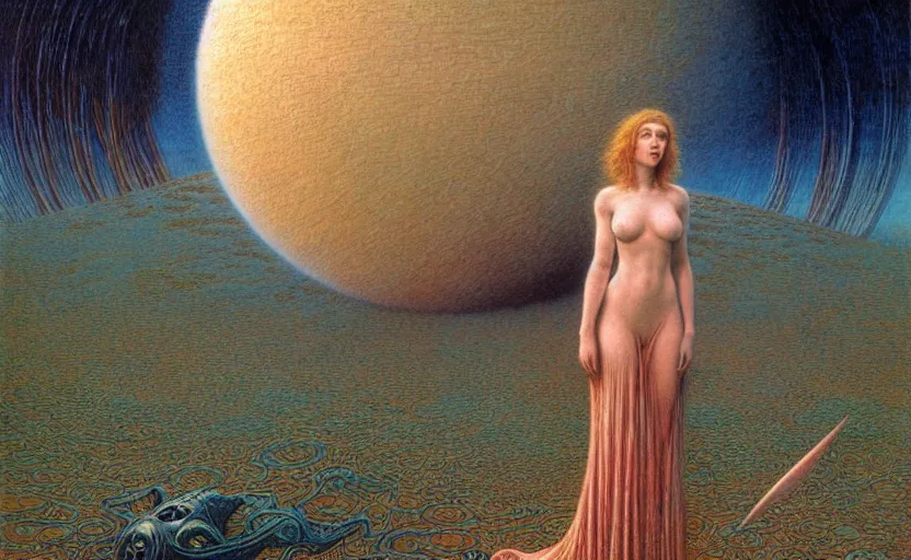 Image similar to cute scarlett johansson on a gigeresque planet by jean delville by luis royo and wayne barlowe, beksinski