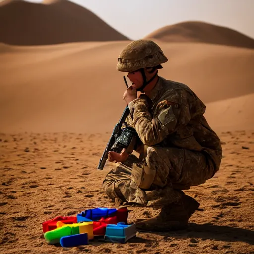 Image similar to portrait photography of soldier in the desert eating crayons, beautiful composition, ambient light