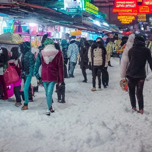 Prompt: crowded bangkok nightmarket covered in snow with freezing winds