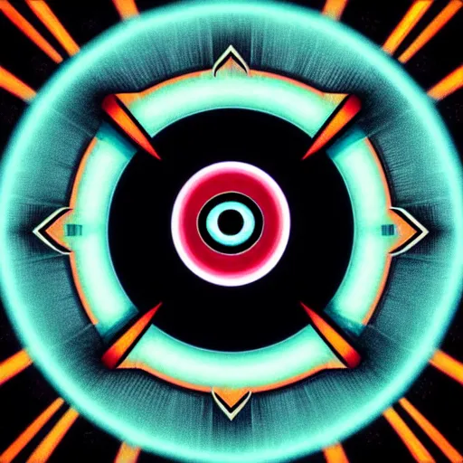 Image similar to logo of eye looking down on city, symmetrical, washed out color, centered, art deco, 1 9 5 0's futuristic, glowing highlights, intense