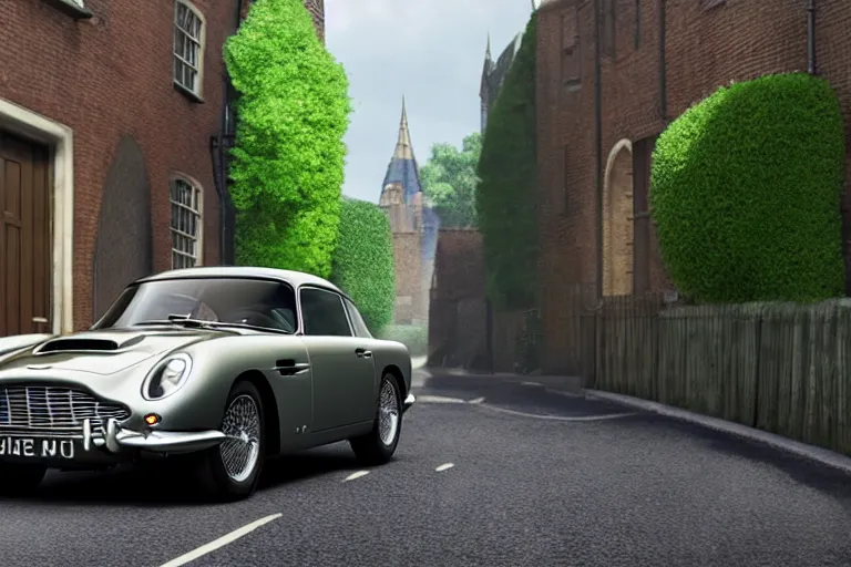 Image similar to a wholesome animation key shot of one focused shortened aston martin db 5, in a rich london mews residential street, waist height, medium range, studio ghibli, ( pixar ) and disney animation, sharp, very detailed, unreal engine 5 render, bloom, high resolution, anime key art by greg rutkowski