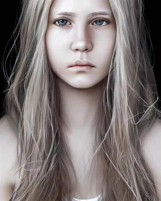 Image similar to portrait of 1 6 - year - old woman with dirty blonde hair down to her waist, pale eyebrows and protuberant silver eyes, wearing white shirt, hyper realistic face, beautiful eyes, character art, art by mark brooks, hyperdetailed, cryengine, trending on artstation, digital art