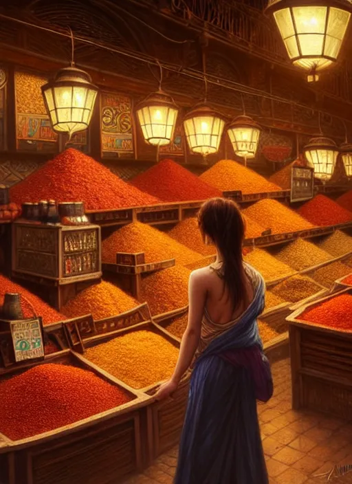 Image similar to a young woman shopping in a spice market at night, soft glow from lanterns, shiny, fantasy, intricate, elegant, hyper detailed, ultra definition, photoreal, artstation, unreal engine rendered, concept art, smooth, sharp focus, illustration, art by artgerm and greg rutkowski and alphonse mucha and garis edelweiss