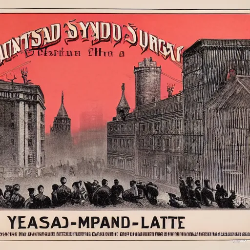 Prompt: 1 8 9 0 s capitalism poster, black and white engraving, eastern european look, with red ink used for emphasis, on antique yellowed paper. serious face of leader in the middle of poster, with intricate imagery of buildings and factories and laborers in the background