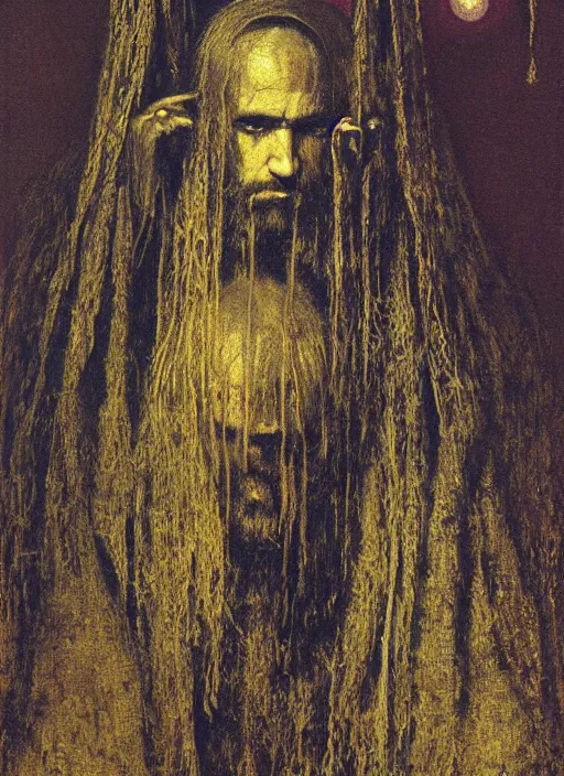 Prompt: portrait of a pagan cultist in fancy robes with a lot of gold by beksinski