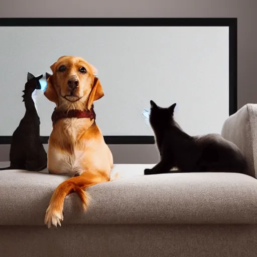 Prompt: a very detailed and sharp photo of a dog and a cat sitting on a couch watching tv