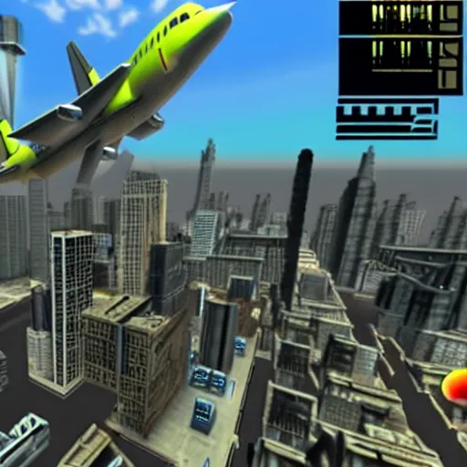 Prompt: a screenshot from the video game super 9 / 1 1, in which players control planes and intend to hit as many towers as possible