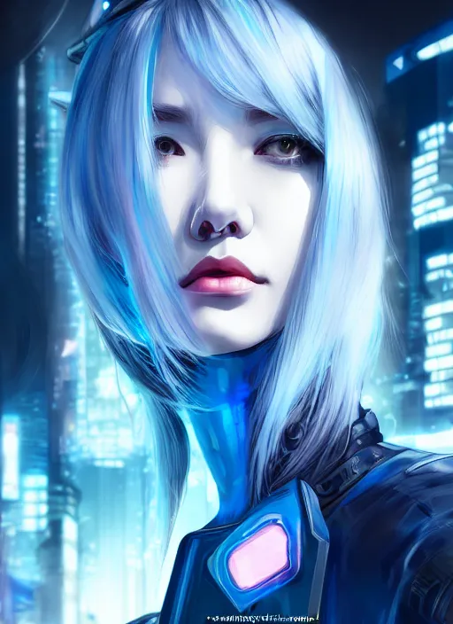 Image similar to portrait grey blue hair of futuristic police girl, black color uniform, at cyberpunk reflected tokyo night, ssci - fi and neon light, fantasy, intricate and beautiful, highly detailed, digital painting, artstation, concept art, smooth and sharp focus, illustration, art by tian zi and wlop and alphonse mucha