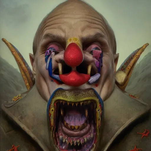 Prompt: vladimir putin, medieval jester, court jester, fool, unga bunga, wearing clown nose, horror teeth, fantasy 3 d render, masterpiece, by donato giancola and greg rutkowski and wayne barlow and zdzisław beksinski, realistic face