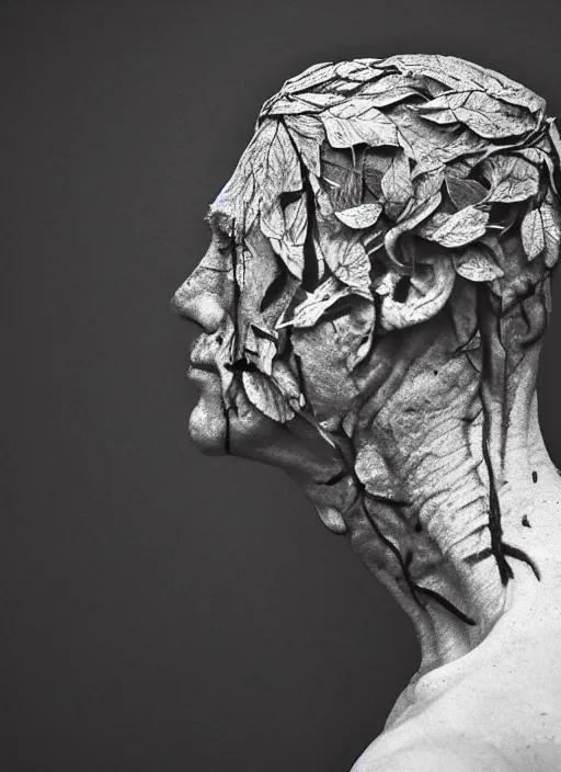 Image similar to a man's face in profile, made of leaf skeleton, in the style of the dutch masters and gregory crewdson, dark and moody