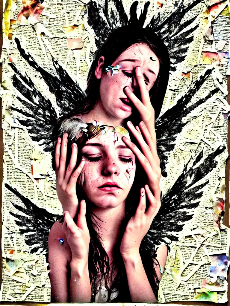 Image similar to a young adult angelgirl soft crying with lots of hands on her face and ratty feathered angel wings, stressed and burnt out, collage effect, collaged, torn paper, torn paper collage, overexposure, overexposed, high exposure