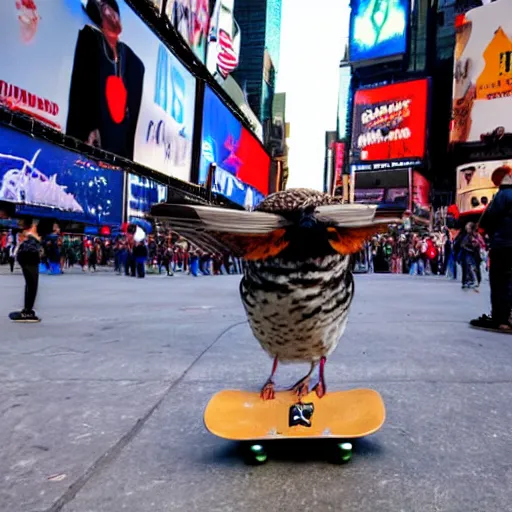 Prompt: a bird on a skateboard in times square