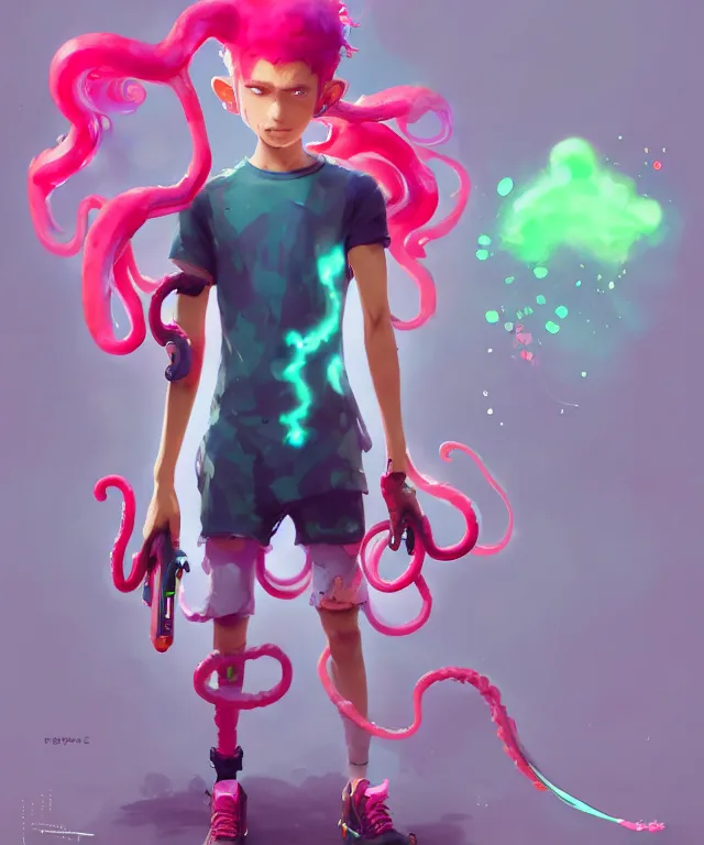 Prompt: a beautiful fullbody portrait of a cute splatoon male inkling with pink tentacle hair wearing tshirt leggings under sport shorts. character design by cory loftis, fenghua zhong, ryohei hase, ismail inceoglu and ruan jia. artstation, volumetric light, detailed, photorealistic, fantasy, rendered in octane