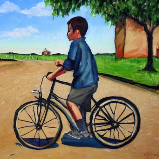 Prompt: a painting of a boy riding a bicycle in falaiscoglieklippantilado